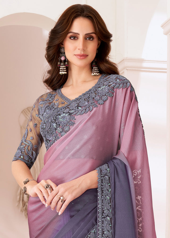 Pink & Purple Designer Chiffon Saree with Fine Embroidery