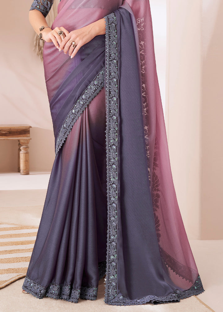 Pink & Purple Designer Chiffon Saree with Fine Embroidery
