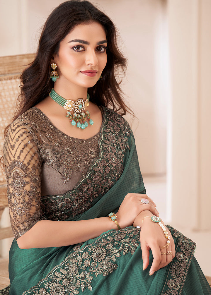 Pine Green Designer Georgette Saree with Fine Embroidery
