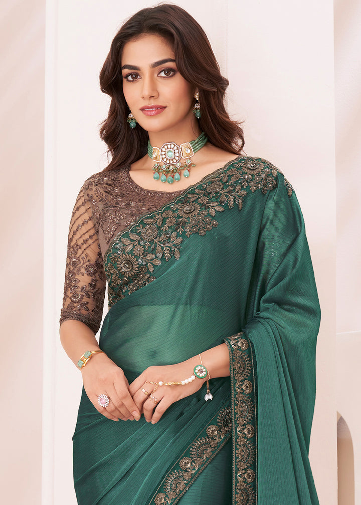 Pine Green Designer Georgette Saree with Fine Embroidery