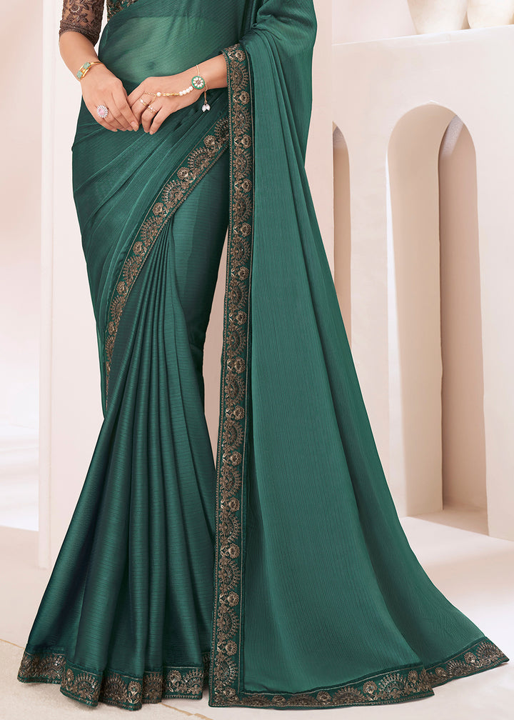 Pine Green Designer Georgette Saree with Fine Embroidery