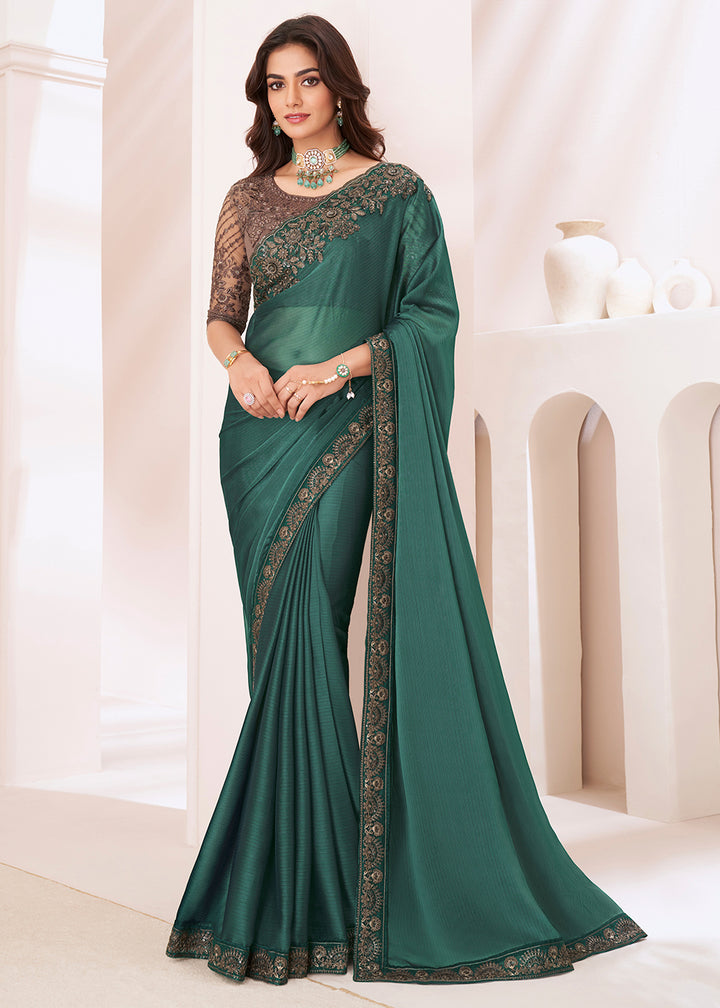 Pine Green Designer Georgette Saree with Fine Embroidery