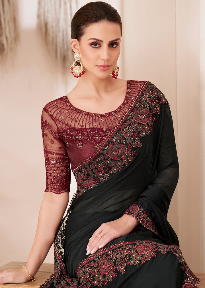Midnight Black Designer Chiffon Saree with Fine Embroidery