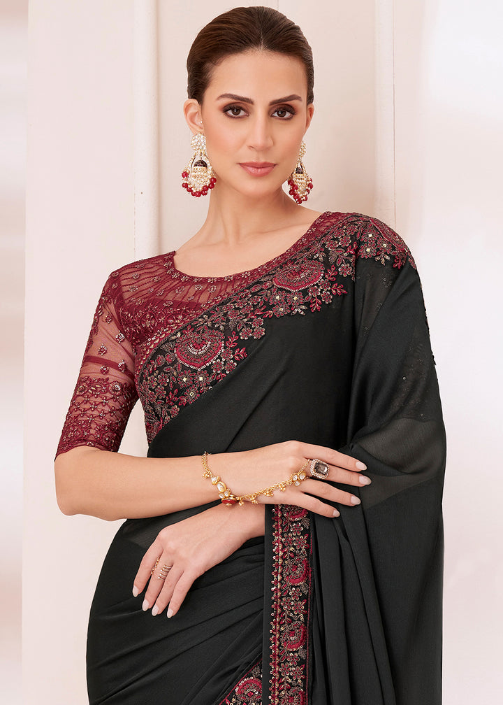 Midnight Black Designer Chiffon Saree with Fine Embroidery