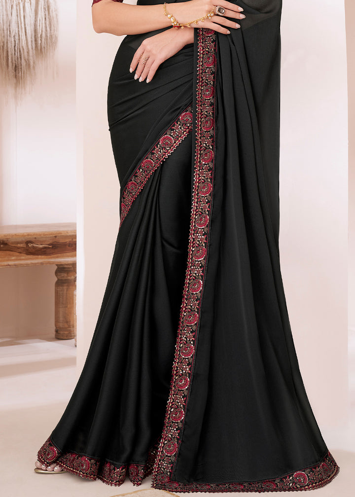 Midnight Black Designer Chiffon Saree with Fine Embroidery