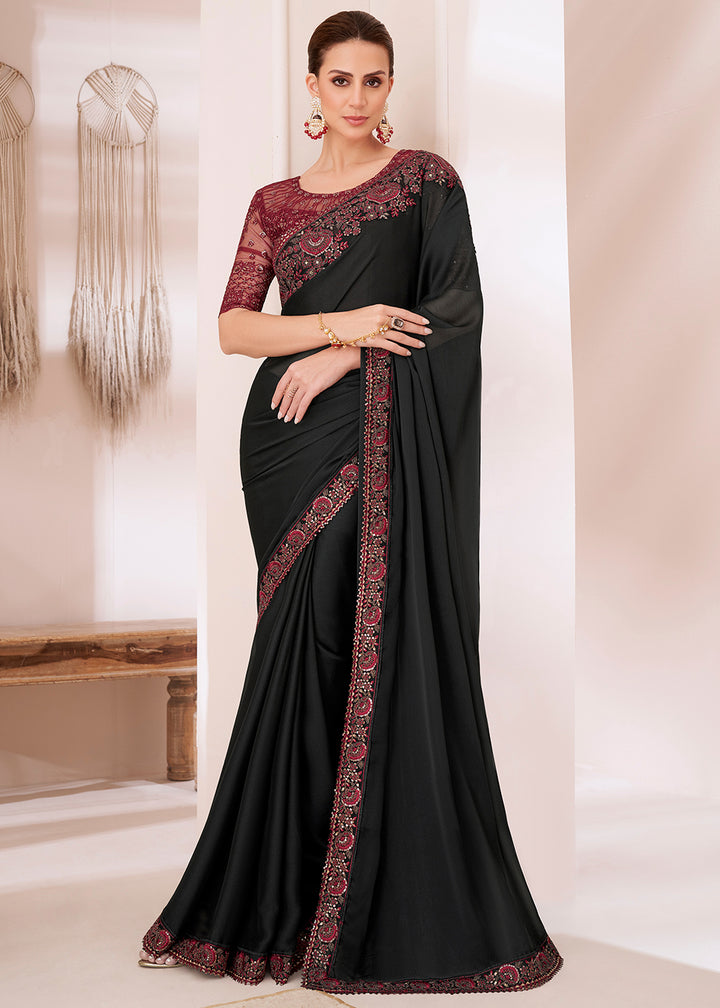 Midnight Black Designer Chiffon Saree with Fine Embroidery