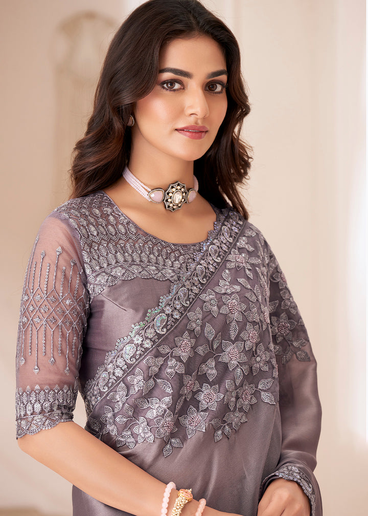 Metallic African Purple Designer Satin Silk Saree with Fine Embroidery