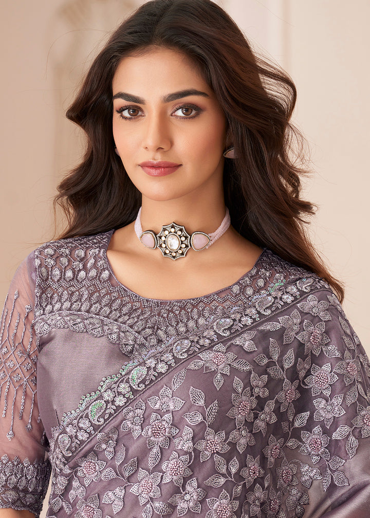 Metallic African Purple Designer Satin Silk Saree with Fine Embroidery