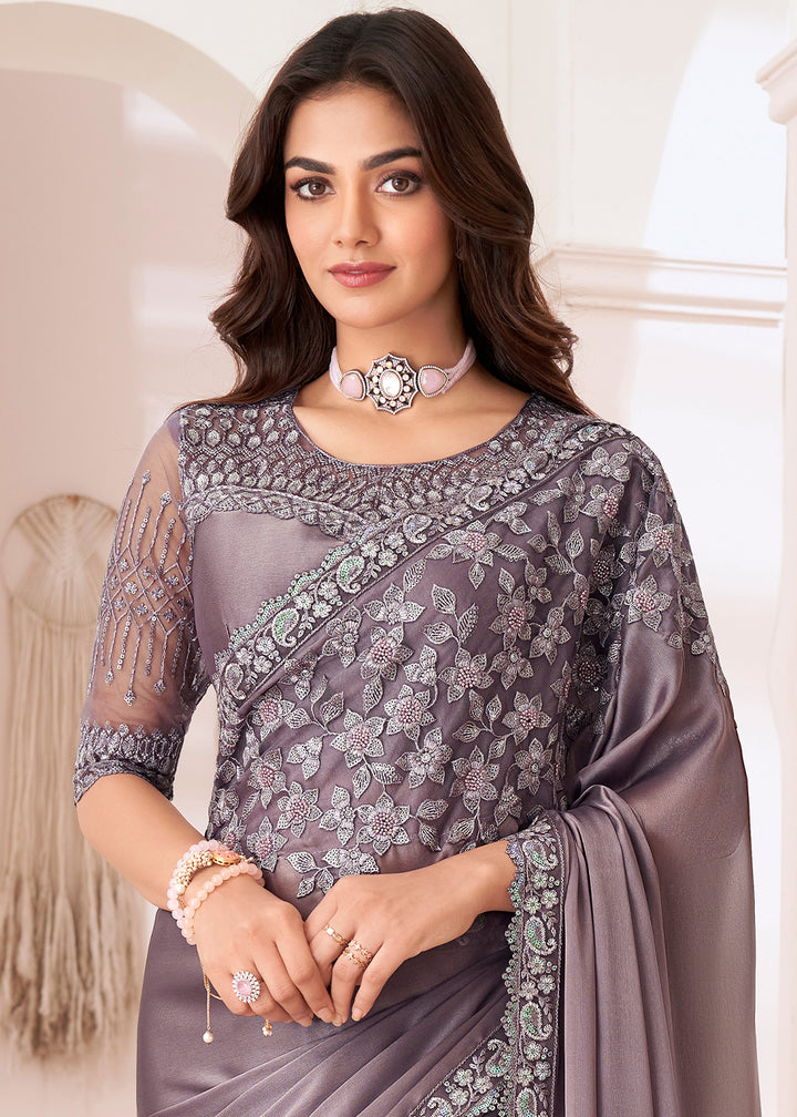 Metallic African Purple Designer Satin Silk Saree with Fine Embroidery