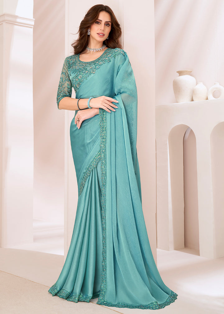 Sapphire Blue Designer Georgette Silk Saree with Fine Embroidery