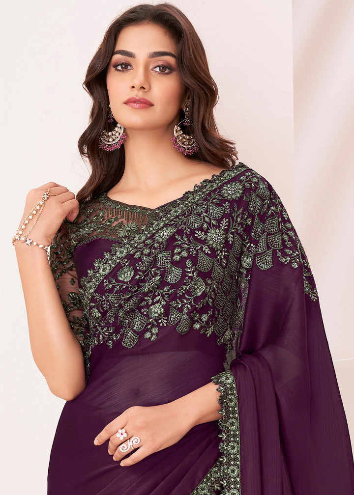 Eggplant Purple Designer Chiffon Saree with Fine Embroidery