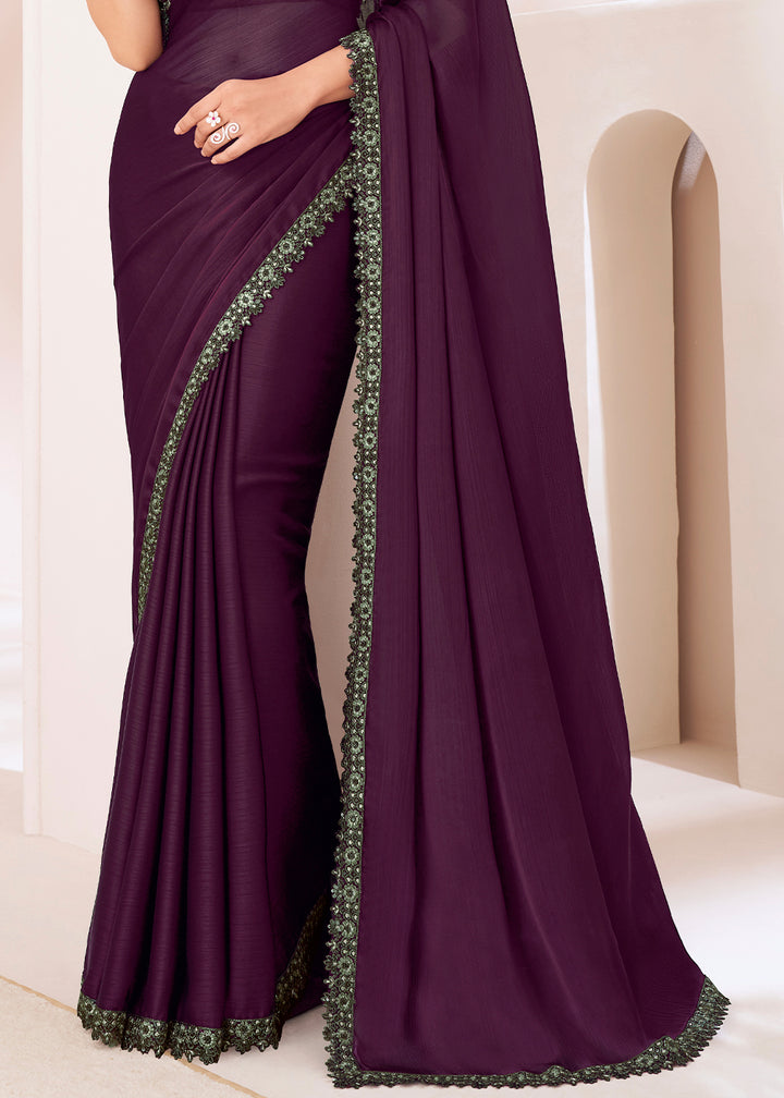Eggplant Purple Designer Chiffon Saree with Fine Embroidery