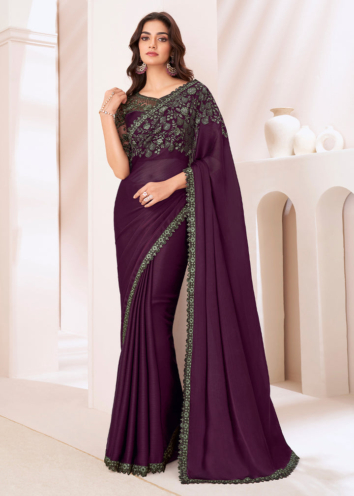 Eggplant Purple Designer Chiffon Saree with Fine Embroidery