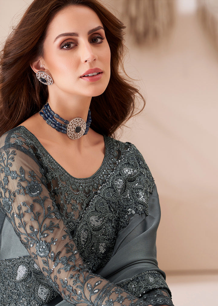 Oxford Grey Designer Georgette Silk Saree with Fine Embroidery
