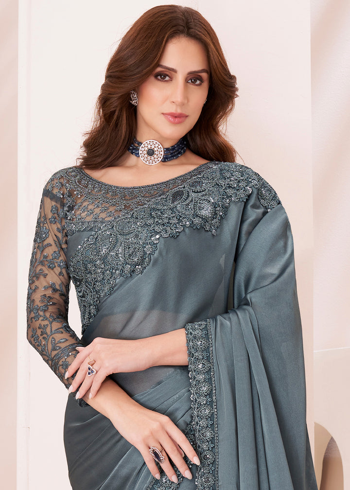 Oxford Grey Designer Georgette Silk Saree with Fine Embroidery