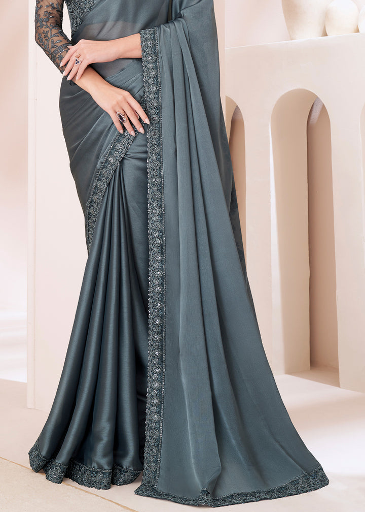 Oxford Grey Designer Georgette Silk Saree with Fine Embroidery