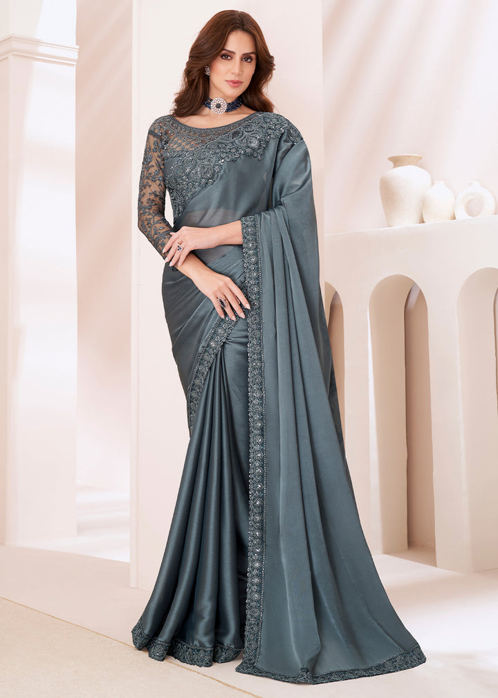 Oxford Grey Designer Georgette Silk Saree with Fine Embroidery