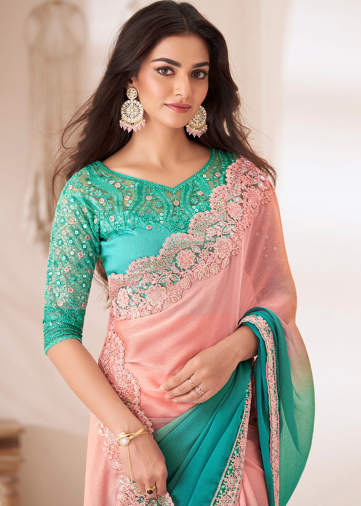 Pink & Blue Designer Chiffon Saree with Fine Embroidery