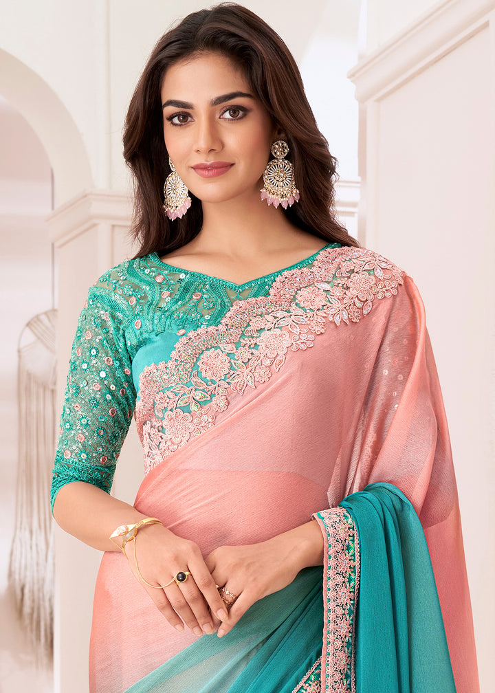 Pink & Blue Designer Chiffon Saree with Fine Embroidery