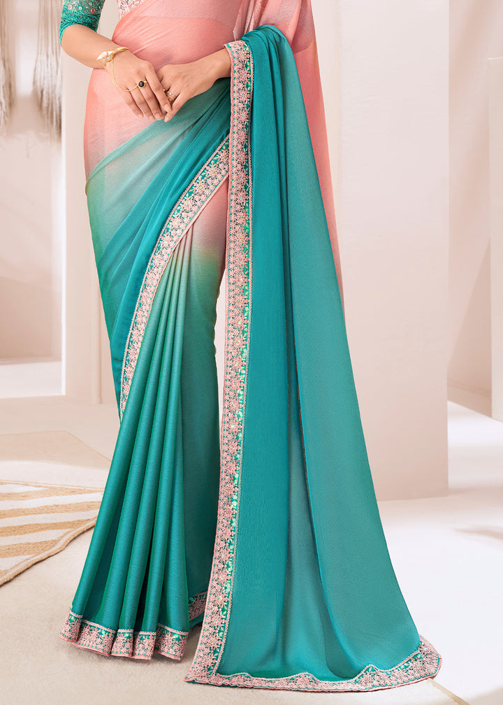 Pink & Blue Designer Chiffon Saree with Fine Embroidery