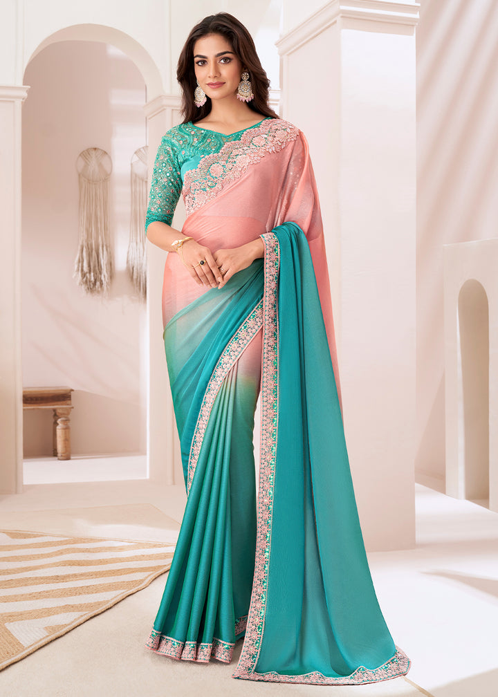 Pink & Blue Designer Chiffon Saree with Fine Embroidery