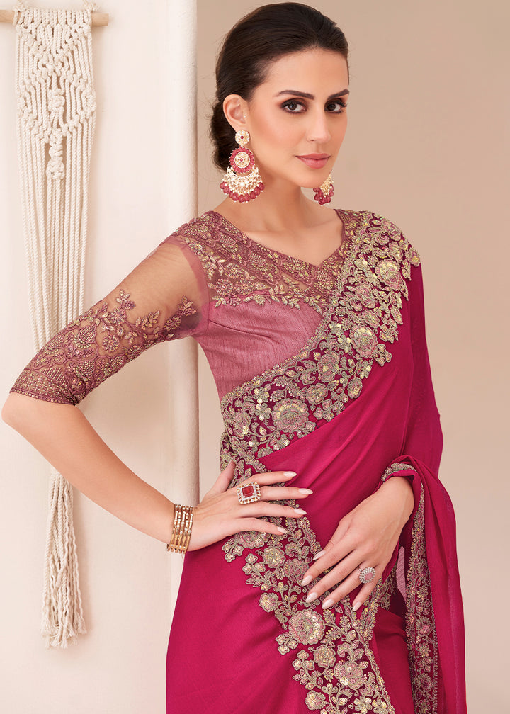 Raspberry Pink Designer Chiffon Saree with Fine Embroidery