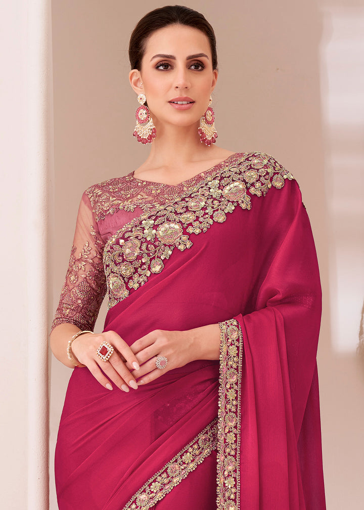 Raspberry Pink Designer Chiffon Saree with Fine Embroidery