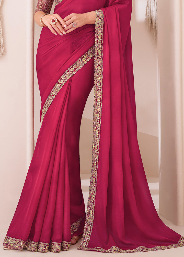 Raspberry Pink Designer Chiffon Saree with Fine Embroidery