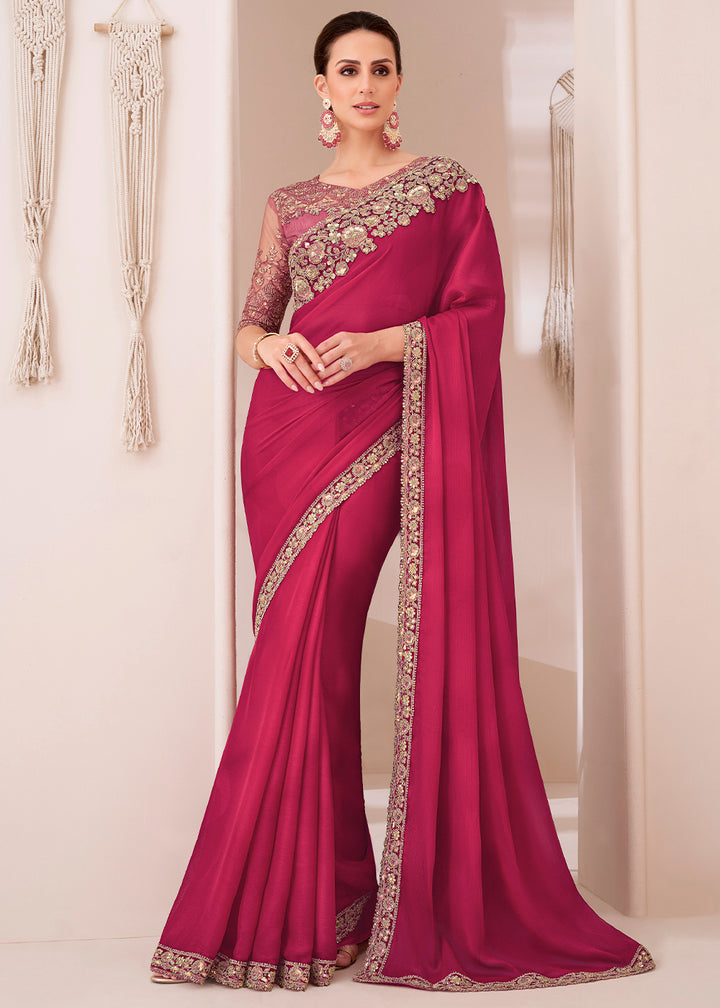 Raspberry Pink Designer Chiffon Saree with Fine Embroidery