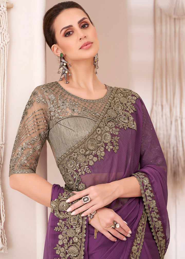 Orchid Purple Designer Georgette Chiffon Saree with Fine Embroidery
