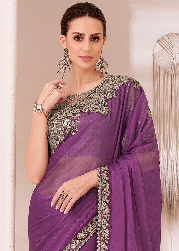 Orchid Purple Designer Georgette Chiffon Saree with Fine Embroidery