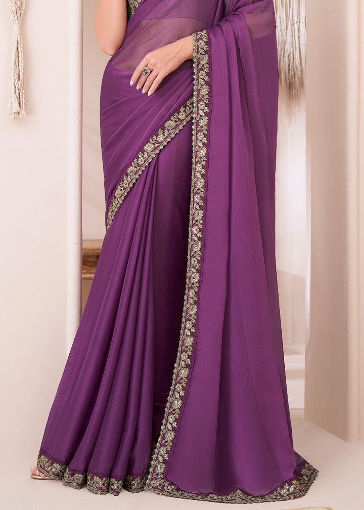 Orchid Purple Designer Georgette Chiffon Saree with Fine Embroidery