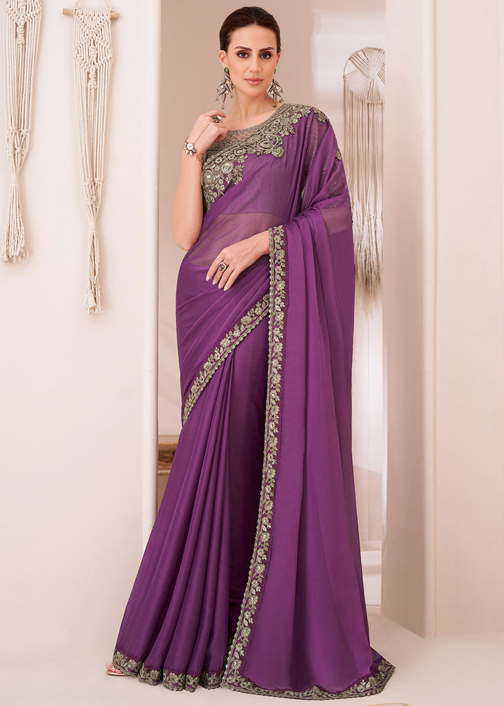 Orchid Purple Designer Georgette Chiffon Saree with Fine Embroidery