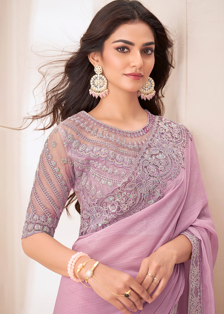 Little Princess Purple Designer Chiffon Saree with Fine Embroidery