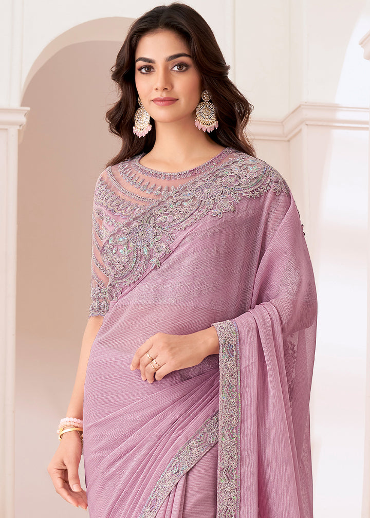 Little Princess Purple Designer Chiffon Saree with Fine Embroidery