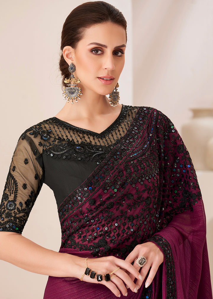 Raspberry Purple Designer Georgette Saree with Fine Embroidery