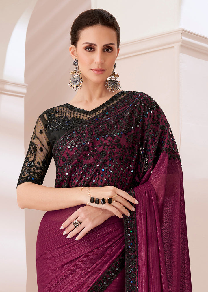 Raspberry Purple Designer Georgette Saree with Fine Embroidery