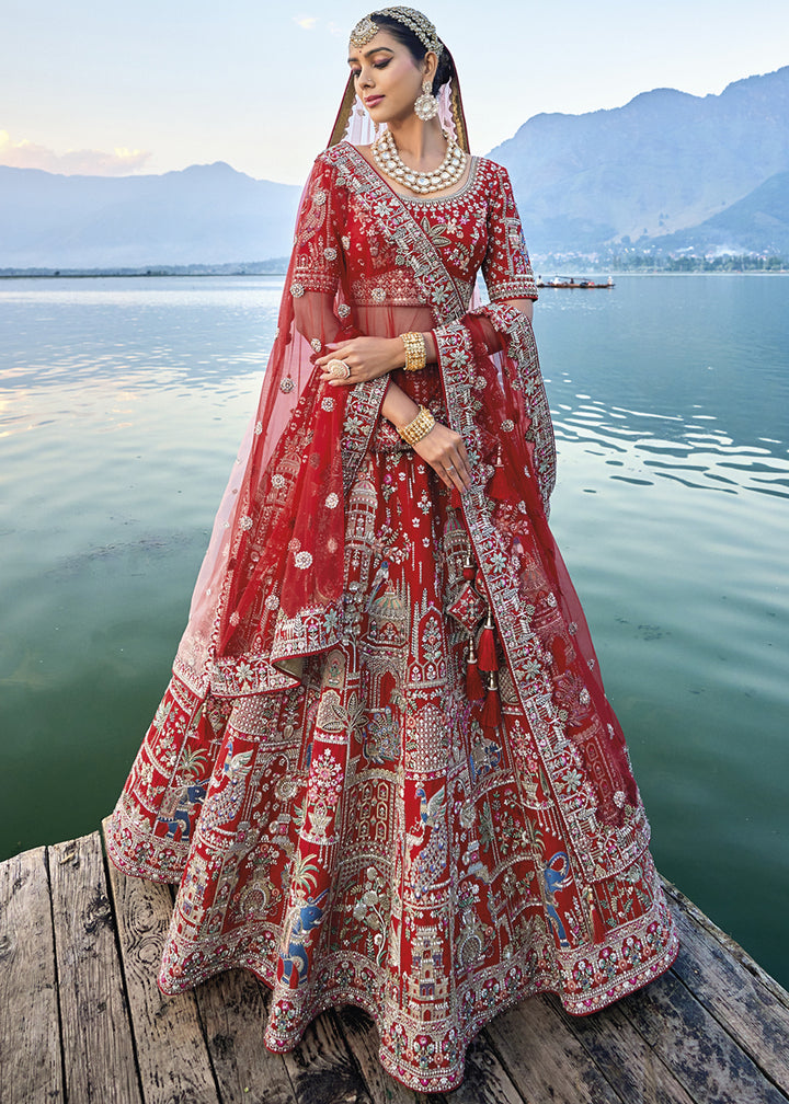 Crimson Red Banarasi Silk Lehenga Choli with Elegant Khatli Work and Handcrafted Embroidery