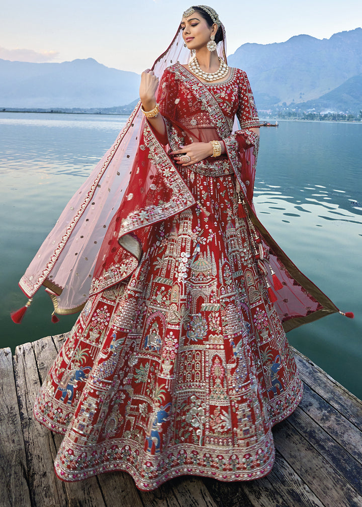 Crimson Red Banarasi Silk Lehenga Choli with Elegant Khatli Work and Handcrafted Embroidery