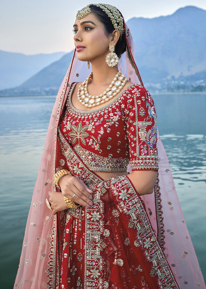 Crimson Red Banarasi Silk Lehenga Choli with Elegant Khatli Work and Handcrafted Embroidery