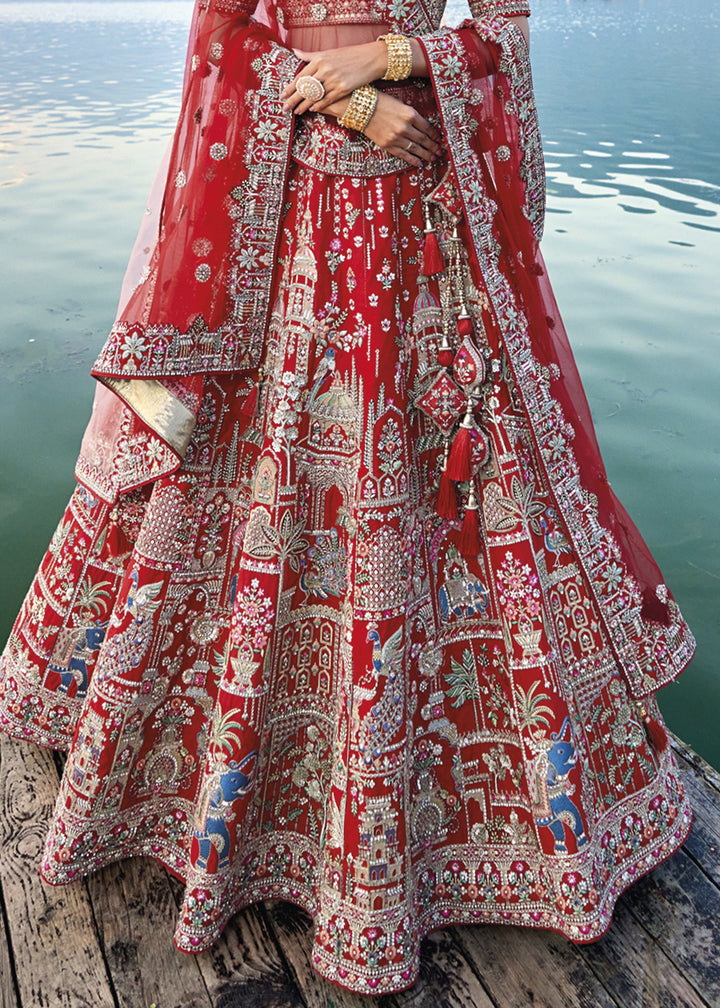 Crimson Red Banarasi Silk Lehenga Choli with Elegant Khatli Work and Handcrafted Embroidery