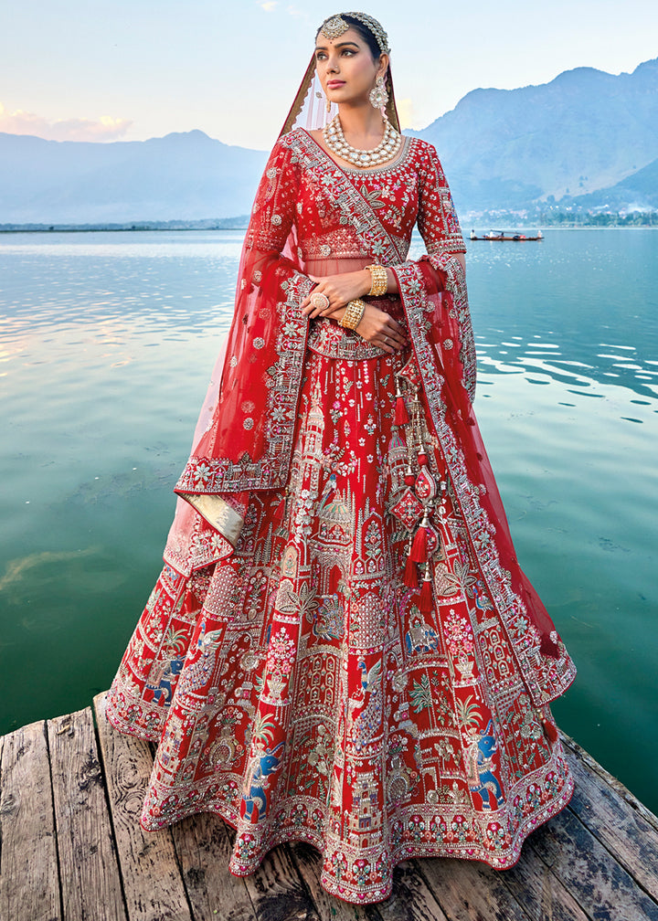 Crimson Red Banarasi Silk Lehenga Choli with Elegant Khatli Work and Handcrafted Embroidery