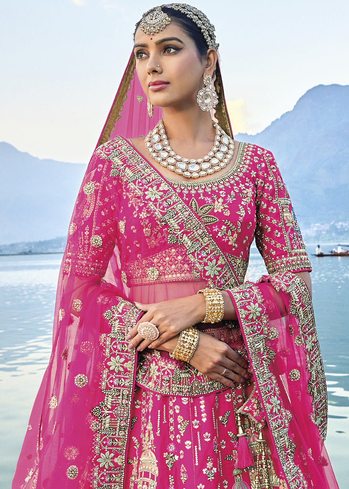 Hot Pink Banarasi Silk Lehenga Choli with Elegant Khatli Work and Handcrafted Embroidery