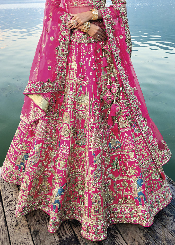 Hot Pink Banarasi Silk Lehenga Choli with Elegant Khatli Work and Handcrafted Embroidery