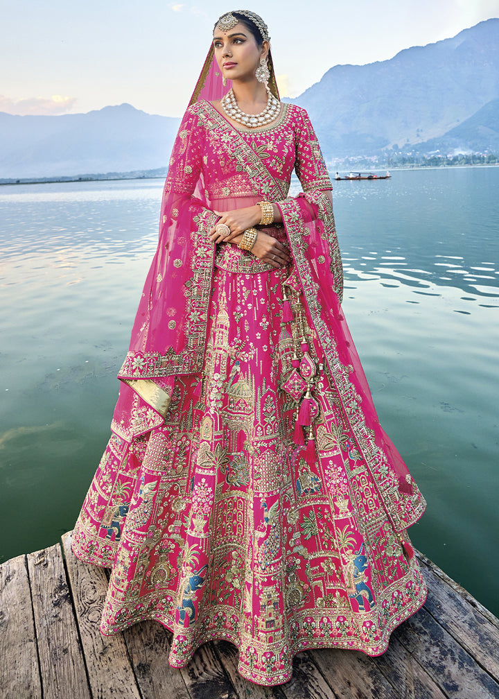 Hot Pink Banarasi Silk Lehenga Choli with Elegant Khatli Work and Handcrafted Embroidery