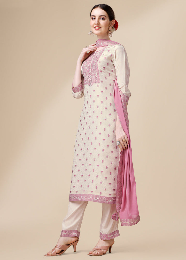 Cream White & Pink Tissue Silk Suit with Elegant Sequins & Zardosi Work