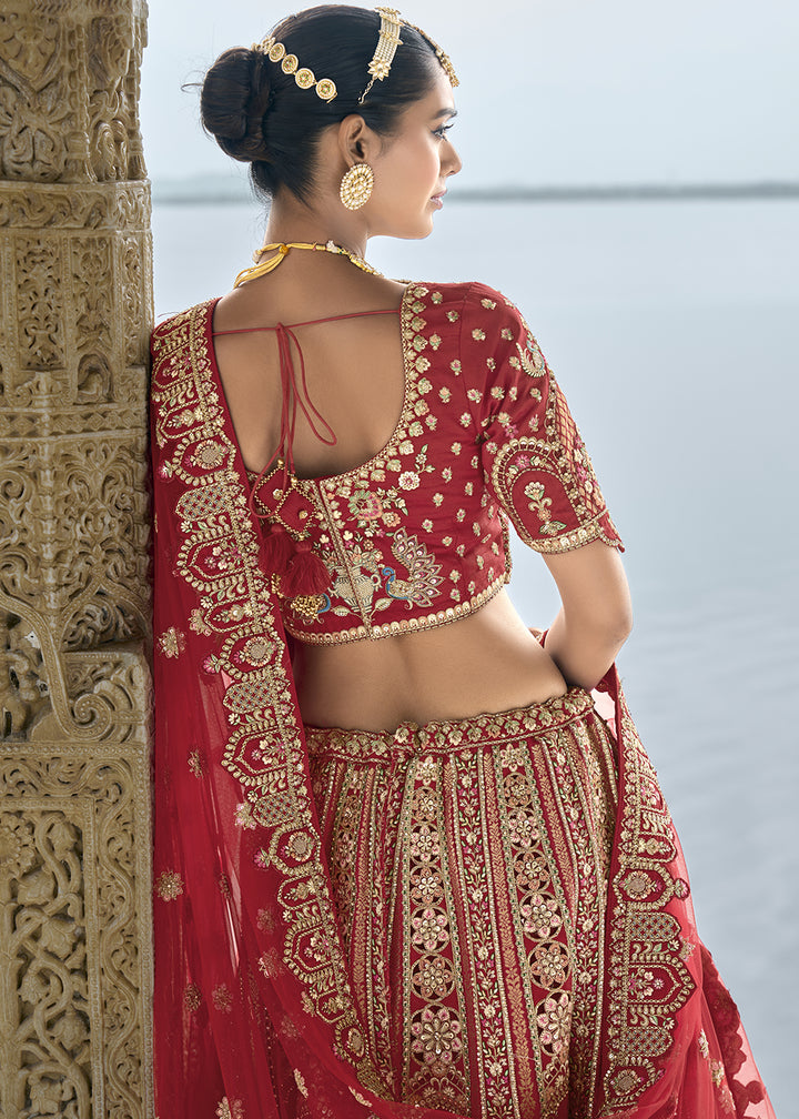 Scarlet Red Banarasi Silk Lehenga Choli with Elegant Khatli Work and Handcrafted Embroidery