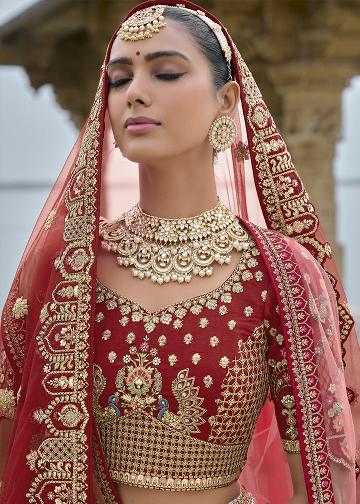 Scarlet Red Banarasi Silk Lehenga Choli with Elegant Khatli Work and Handcrafted Embroidery