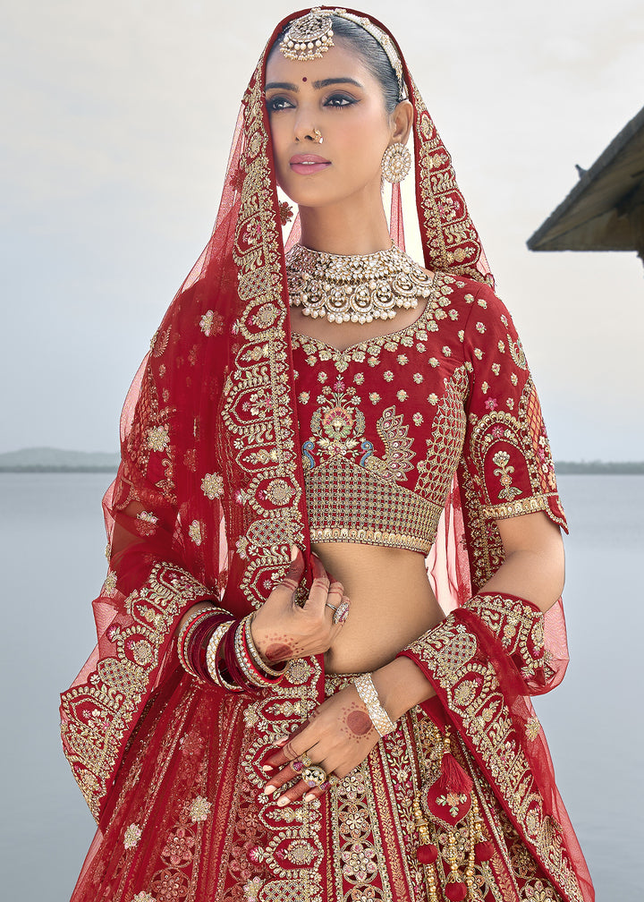 Scarlet Red Banarasi Silk Lehenga Choli with Elegant Khatli Work and Handcrafted Embroidery