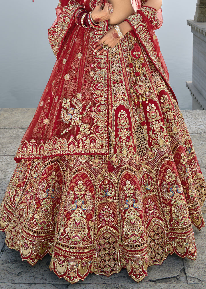 Scarlet Red Banarasi Silk Lehenga Choli with Elegant Khatli Work and Handcrafted Embroidery
